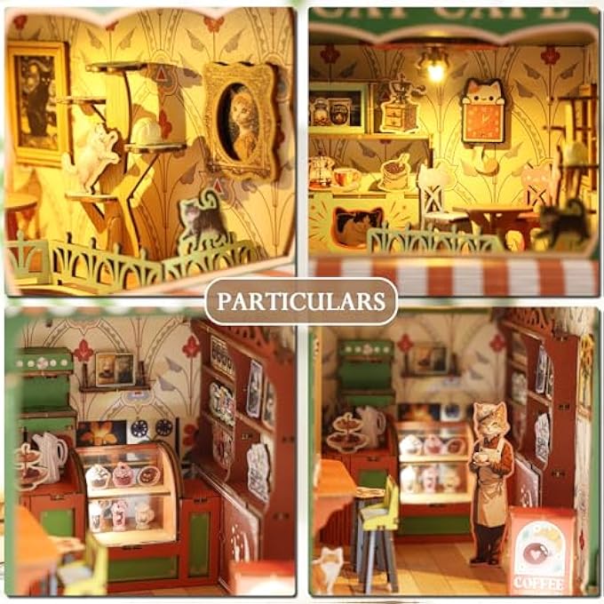 DIY BOOK NOOK KIT, 3D WOODEN PUZZLE MINIATURE BOOKSHELF DECOR WITH LED LIGHTING, CRAFT SET ADULTS, DIY DOLLHOUSE WOODEN HOUSE KIT (CAT COFFEE HOUSE) - Image 3